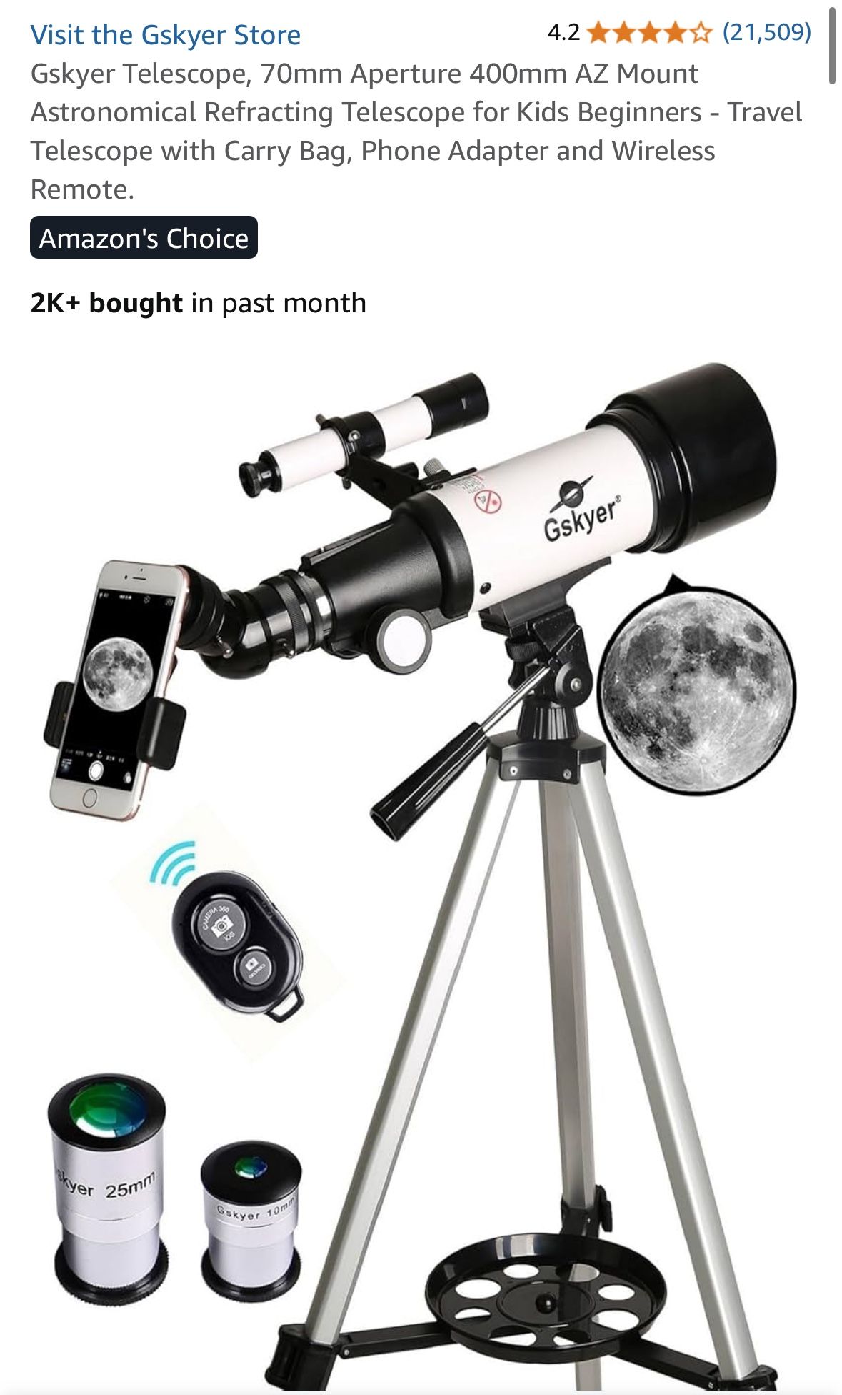 Gskyer Telescope, 70mm Aperture 400mm AZ Mount Astronomical Refracting Telescope for Kids Beginners - Travel Telescope with Carry Bag, Phone Adapter a