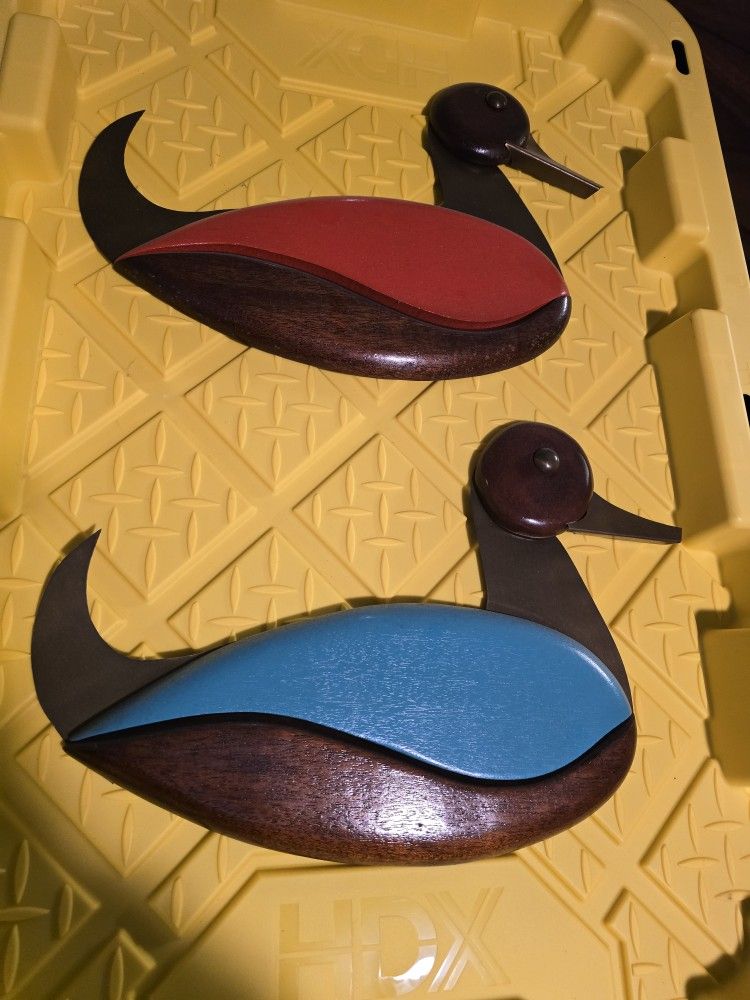 Vintage MCM 1960s Teak Brass Wall Decor Duck Hangers
