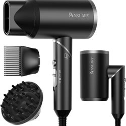 ANNLARY Professional 1800W Foldable Ionic Hair Dryer Black, Low Noise, Diffuser