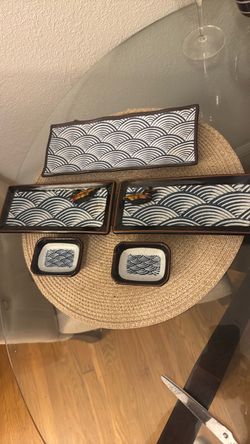 Japanese Wave Pattern Ceramic Sushi Serving Set