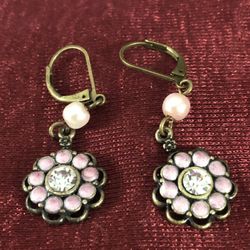 Vintage Avon Earrings Pink Flower Faux Pearl & Rhinestone