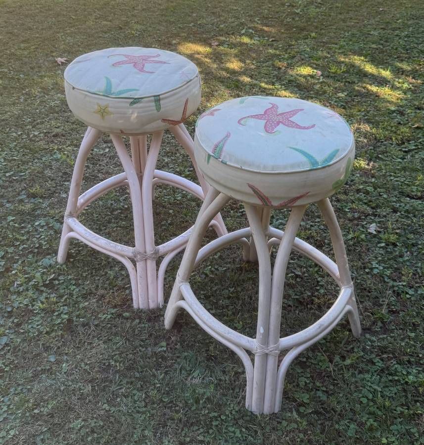 Pair Of Vintage Mid Century Rattan Bamboo Swivel Bar Stools