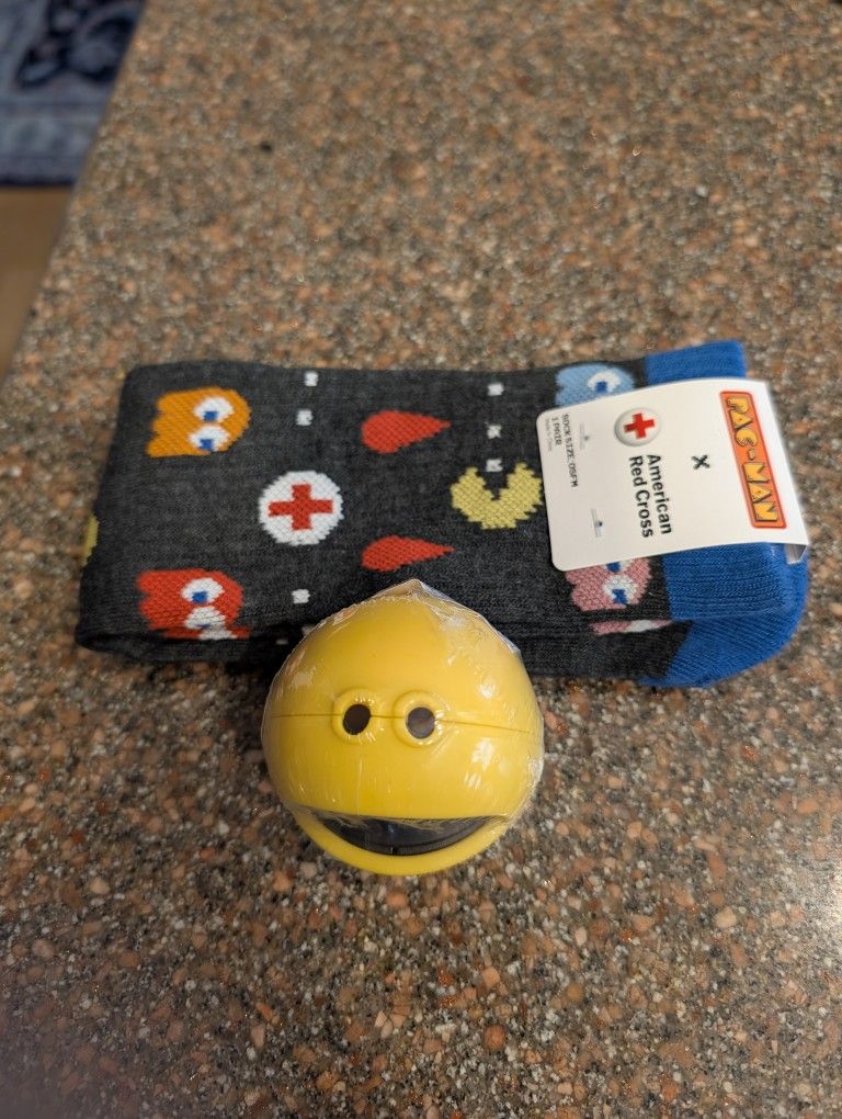 NEW 2025 American Red Cross Pac-Man Crew Socks & Yellow Gashapon Collectible Toy