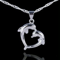 Love Heart Sterling Silver Dolphin Necklace Pendant with 18" Chain Gift Box