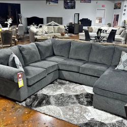 Brand New Grey Textured Fabric Sectional With Reversible Chaise 