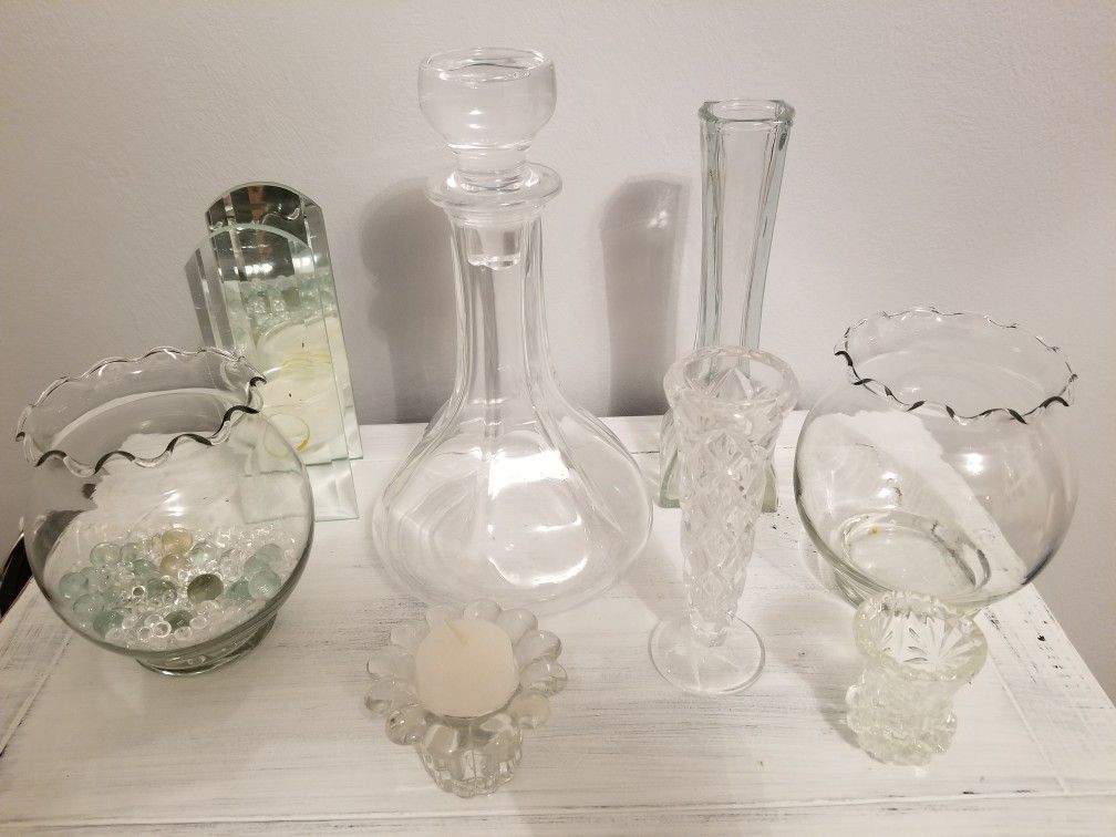 Glass vases, decanter, votive and home decor