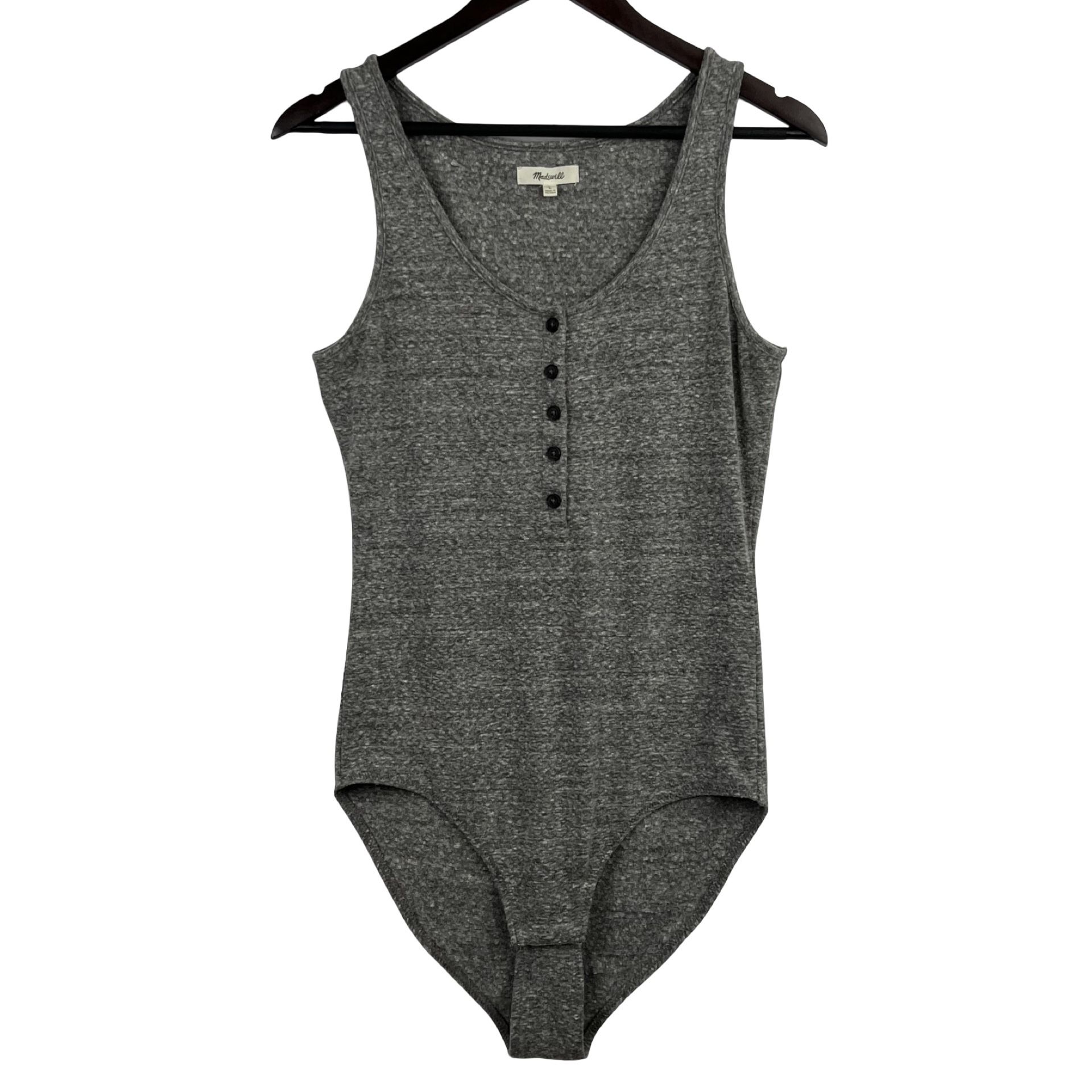 MADEWELL WOMEN'S HEATHER GRAY SLEEVELESS INDIE HENLEY SOFT BODYSUIT -L-
