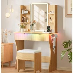 Vanity Table Set with Lighted Mirror & Cushioned Stool