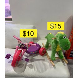 Kids toys rocking dinosaur $15, Trike tricycle for girl $10/ Mecedor bebe $15, Triciclos niña $10