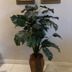 50” Tall Silk Monstera Deliciosa Plant in a Wood & Cane Floor Vase | Faux Plant | Artificial | Fake