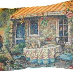 Turn-of-Century French Village Tapestry Pillow, Velvet Back, Fringe, vintage pillowTurn-of-Century French Village Tapestry Pillow, Velvet Back, Fringe