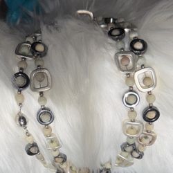 Brushed Silver Geometric Shape And Gray And Brown Seed Pearl Necklace EUC