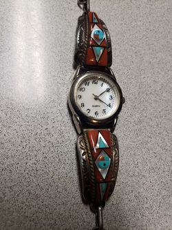 Native American Zuni tribe handmade inlaid turquoise watch band on Silver artist R.P.. Edaakie
