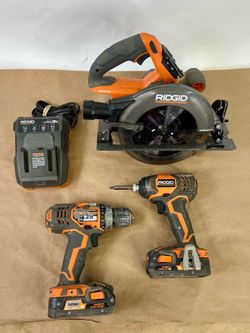 Used tool set Ridgid R8657 Saw R86008 drill R86034 impact driver with 2 batteries, 1 charger