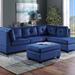 Sienna Blue Velvet Sectional with Ottoman /couch /Living room set 