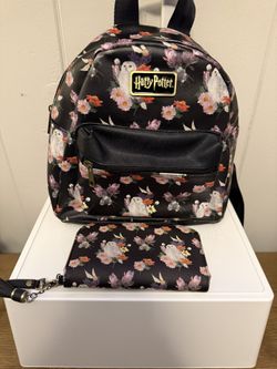 Harry Potter Wizarding Floral Owl black mini backpack with Matching Wallet