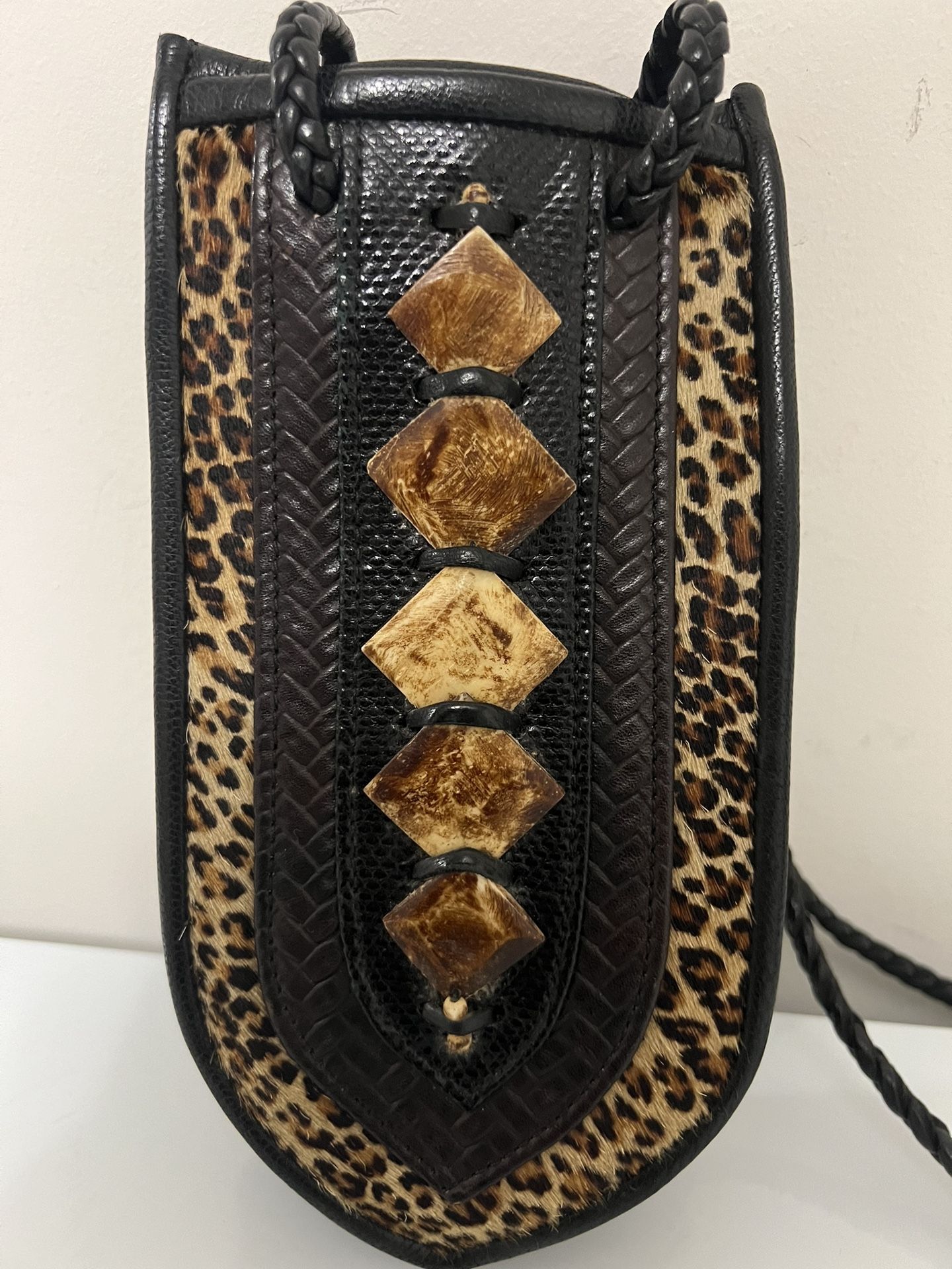 Vintage Indian Handmade Black Leather Crossbody Purse w Tassels & Faux leopard