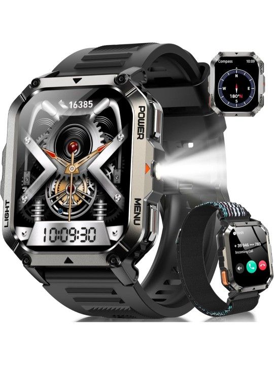 Military Smart Watches for Men, Super Large 2.01"Fitness Watch HD Display, Sports Smartwatch with LED Flashlight/100-Day Battery/24 Hrs Heart Rate & S