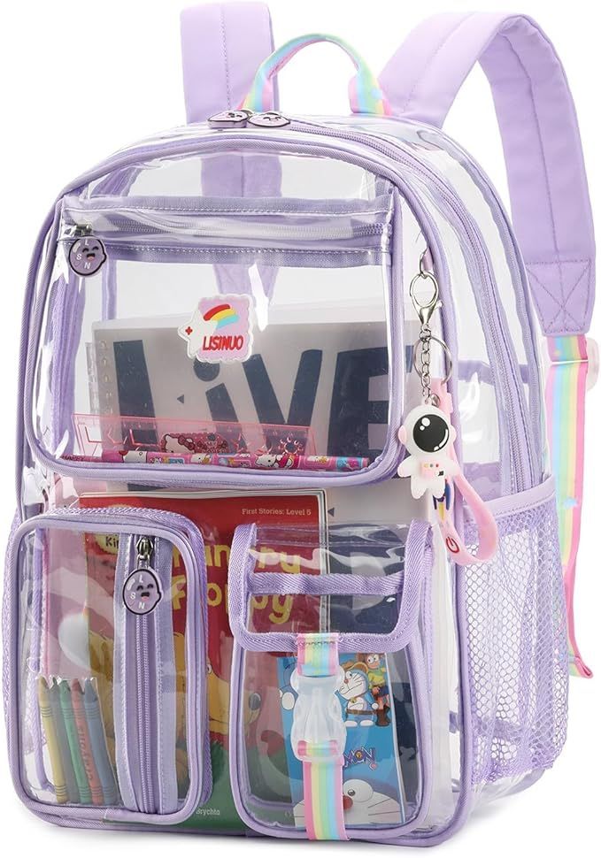 Brand New Clear Backpack Heavy Duty,Transparent Backpacks for School,Girls bookbag Stadium Approved,With Keychain((Purple)