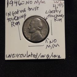 🇺🇸 "T. Jefferson 5 Cents"(1946="no m.m." ) Wt:4.95 ( W./ Errors.) Uncirculated.