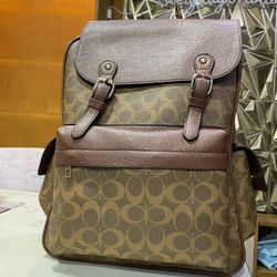 Signature Monogram Flap Backpack with Pebbled Leather Trim • Classic C-Print Dual Strap Backpack - Brown/Tan