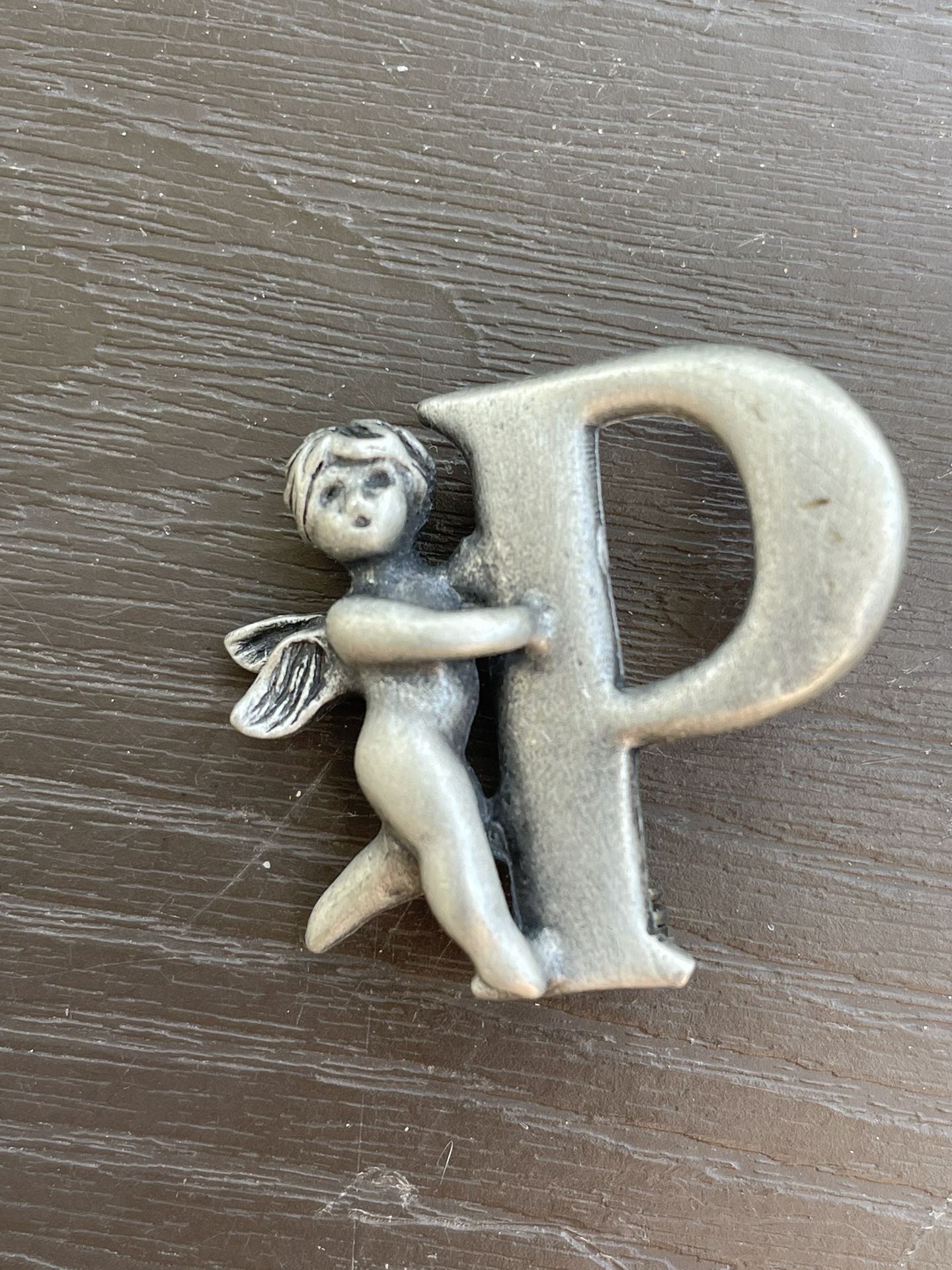 Vintage Signed L Razza Silver Tone Guardian Angel Brooch With Initial P Cherub