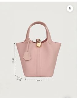 Pink Leather Bucket Tote Bag with Gold Lock