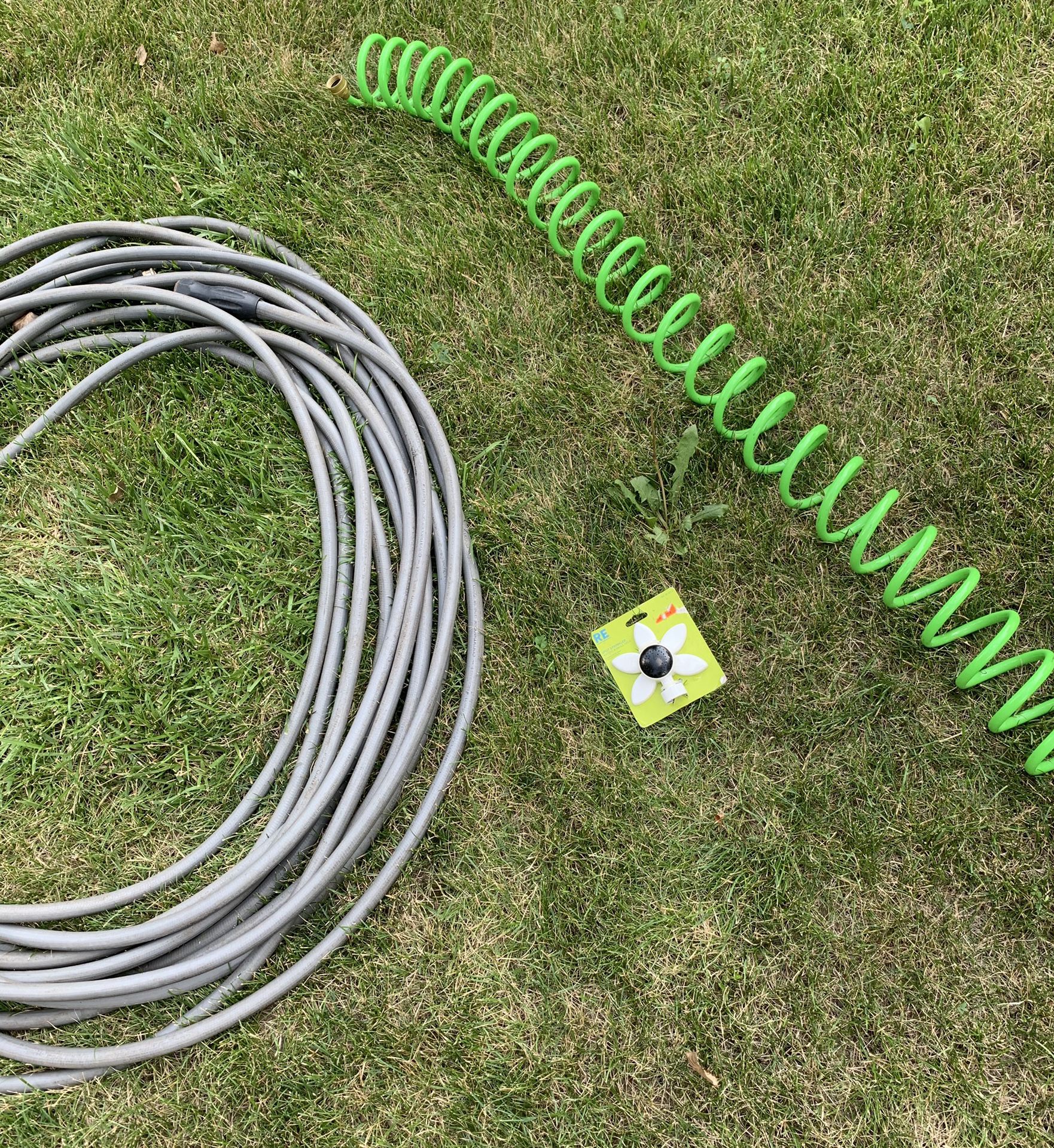 3 piece hose lot! grey hose, coiled hose (slinks down to just 2’!) + brand new flower sprinkler head!!