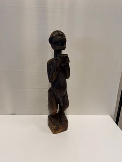 Antique African Hand-Carved African Fang Statue with Bowl
