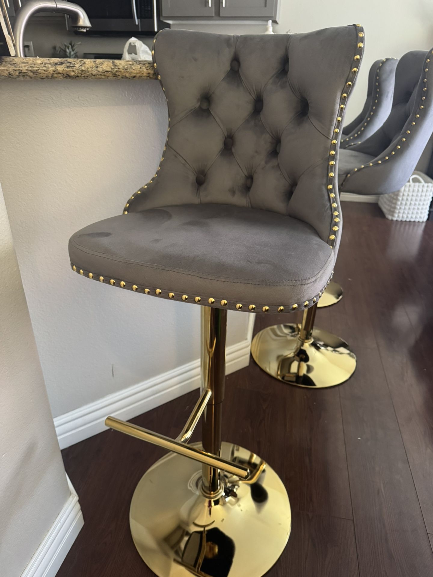 Gray Velvet Bar Stools, Adjustable Height