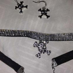 Skull Diamond Sparkle Choker Necklace With Earrings 