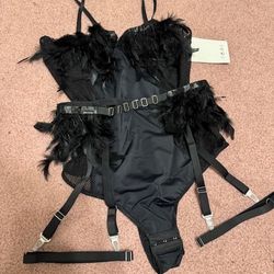 New large black feather bodysuit garter belt lingerie goth gothic fishnet