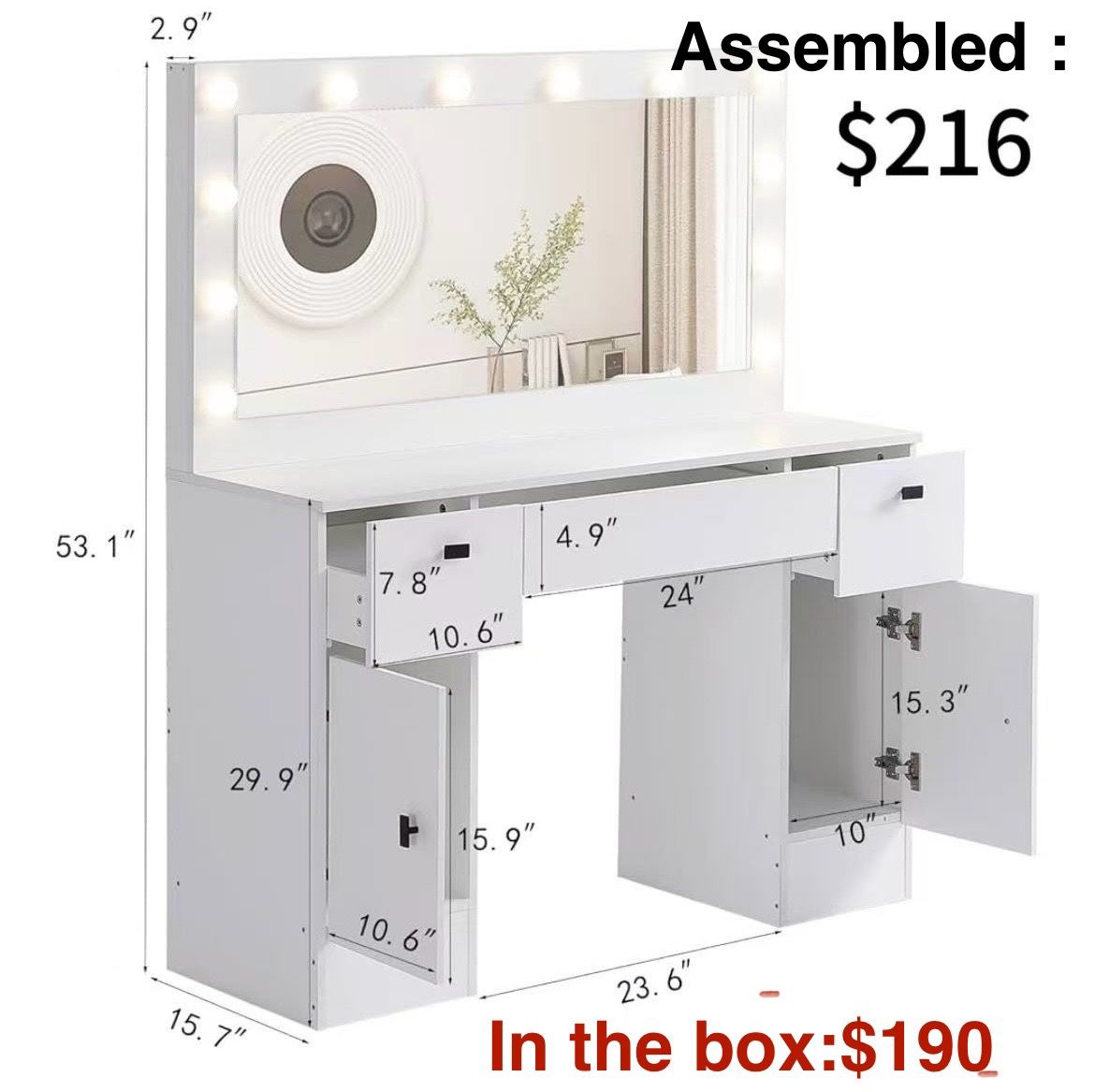 ✌️😀 Hollywood Style Makeup Vanity Table with Large Lighted Mirror,Drawer and 12 Adjustable Bulbs,Elegant White Beauty Station