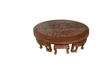 Mid-20th Century Chinese Carved Coffee Table With 6 Nesting Stools