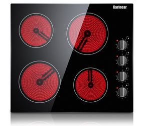 Karinear 24” Electric Radiant Cooktop – 4 Burners, 9 Heat Levels, Black Glass