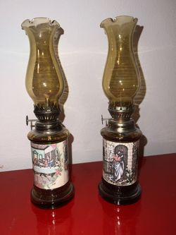 Paid Of Gorgeous Vintage Amber Glass Oil Lamps 