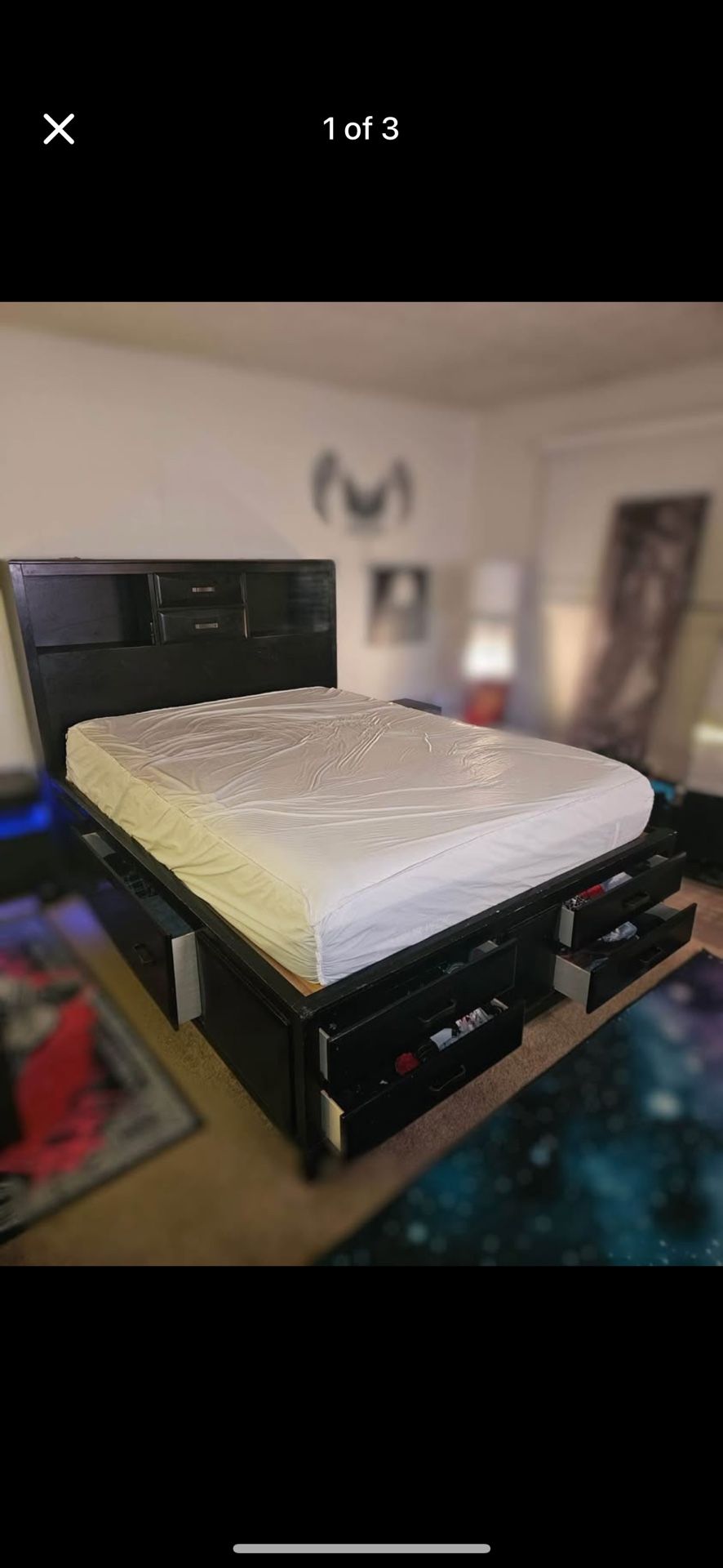 Queen Black Bedframe w/ Bookshelf & Drawers