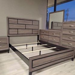 New Queen Size 5 Piece Bedroom Set With Dresser Mirror Nightstand Chest Without Mattress And Free Delivery