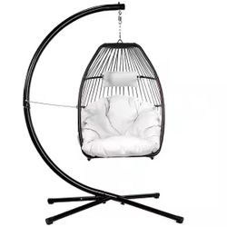 Barton Dark Brown Wicker Egg-Shaped Patio Swing Chair with Cream Cushion