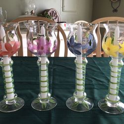 Four Beautiful Hand Painted Glass Candle Holders from Romania with 4 Taper Candles (New) 