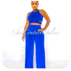 (127)-  NWOT-😻 Ramona Royal Blue Multi-Way Tie Crop Top & Wide Pants Set💋