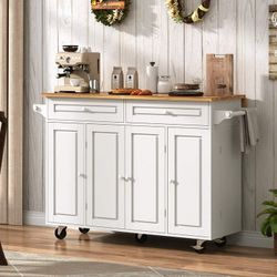 55" Rolling Kitchen Island Cart with Drop Leaf Breakfast Bar, Rubber Wood Top – on Wheels with Drawer, Storage Cabinet, Spice & Towel Rack