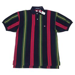 Vintage Tommy Hilfiger Vertical Striped Polo Shirt Mens Small S Blue Flag Crest