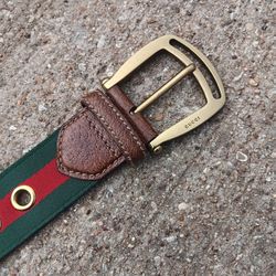 Gucci Brown Web Canvas and Leather Grommet Buckle Belt