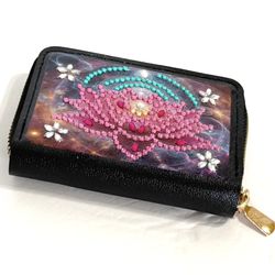 Blinged Faux Leather 11-Pocket Card Wallet Red Lotus NEW