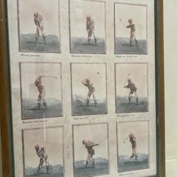 "Golf Swing Progression" by artist David Nichols. The piece illustrates a sequential nine-step breakdown of a classic golf swing, each panel accompani