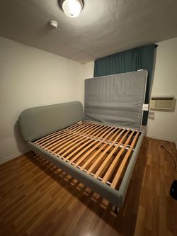 Green/Gray Upholstered King Bed Frame with Slats