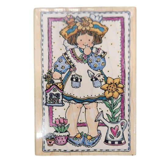 Vintage 1996 Penny Black 589K Gardening Girl Wooden Rubber Stamp 