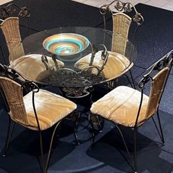Wrought Iron & Glass-Top Table W/ 4 Chairs