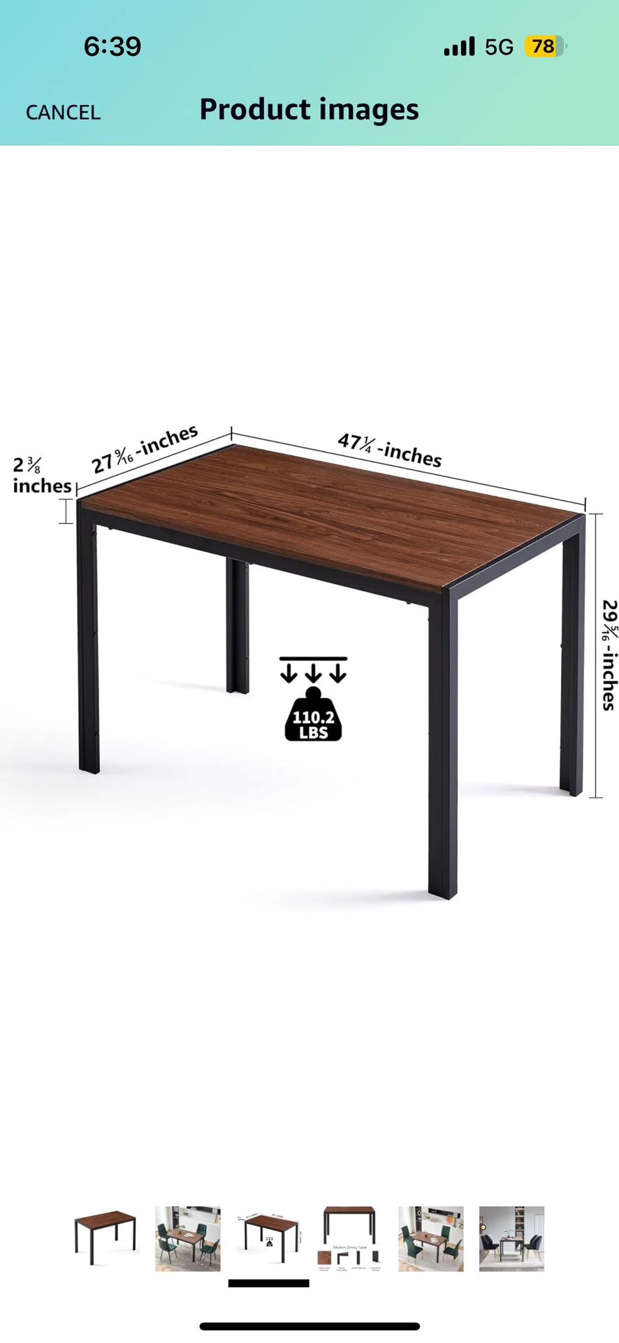 Mid-Century Dining Table Walnut with Metal Frame, 47" Rectangular Kitchen Table Imitation Wood Home Office Desk Wooden Kitchen Table with Thick Tablet